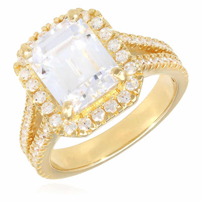 4CTW CZ Emerald-Cut 14K Gold Split Band Halo Engagement Ring