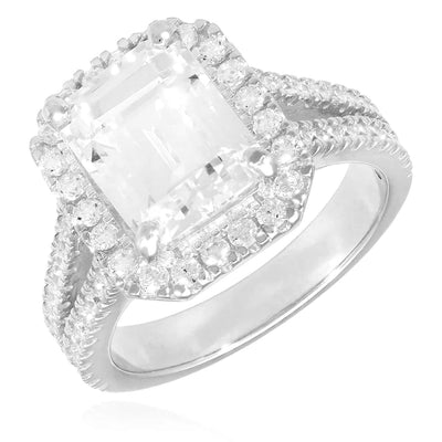4CTW CZ Emerald-Cut Split Halo 14K Gold White Engagement Ring