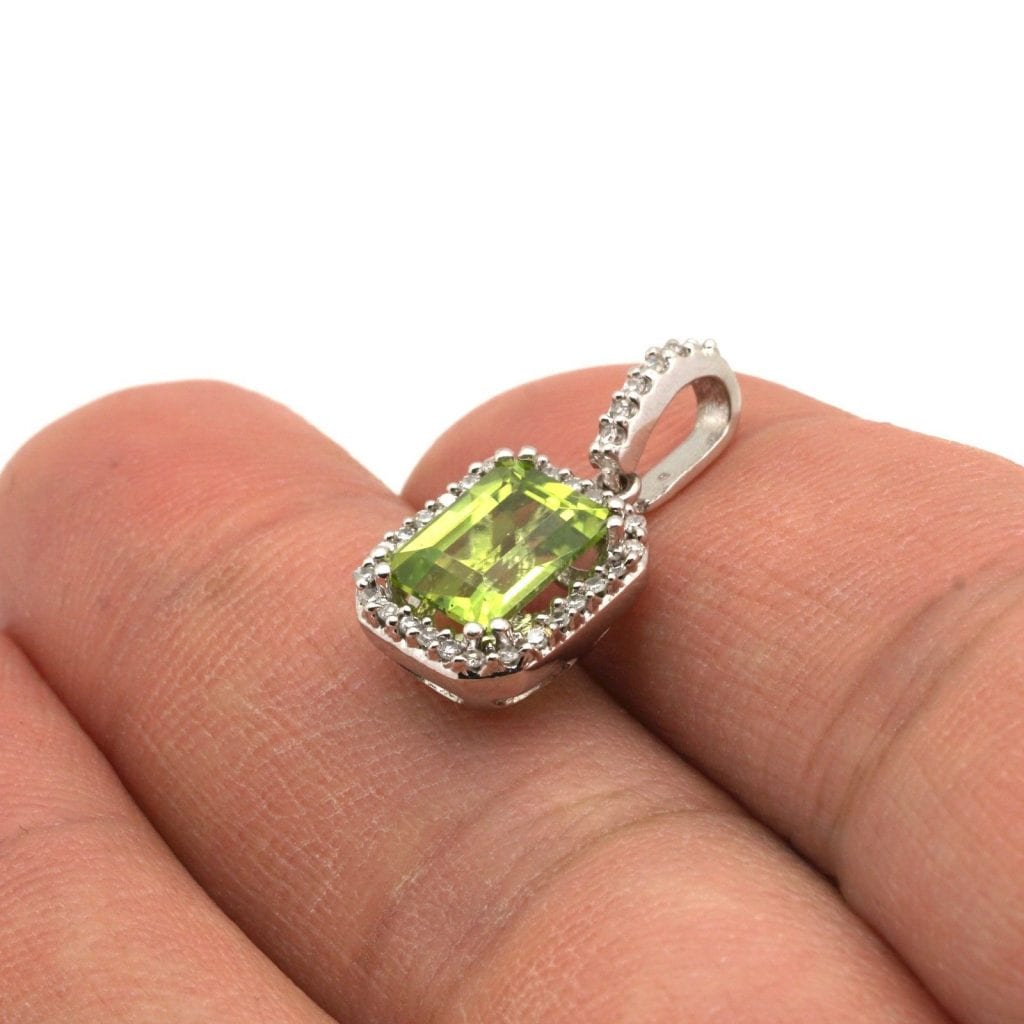 2.44Ct Real Diamond Halo Emerald Shaped Peridot Pendant 14K Solid White Gold