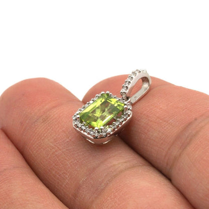 2.44Ct Real Diamond Halo Emerald Shaped Peridot Pendant 14K Solid White Gold