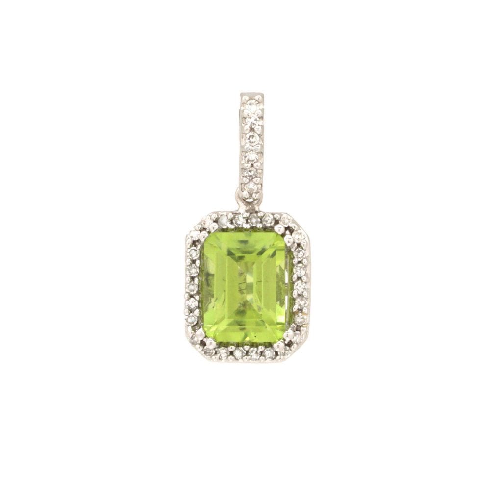 2.44Ct Real Diamond Halo Emerald Shaped Peridot Pendant 14K Solid White Gold