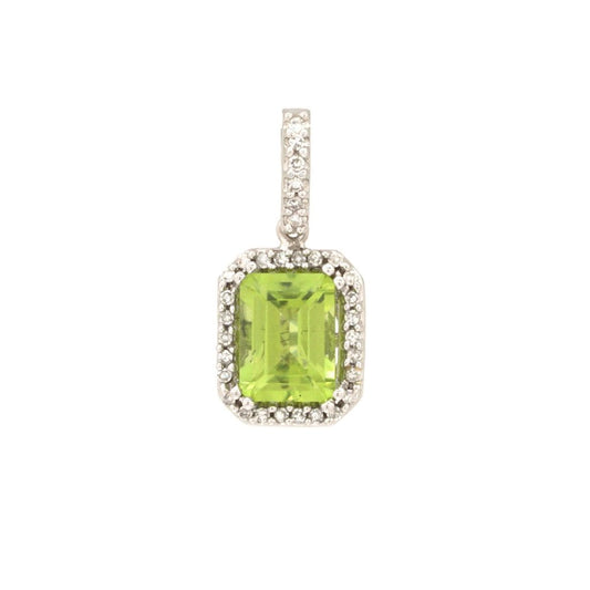 2.44Ct Real Diamond Halo Emerald Shaped Peridot Pendant 14K Solid White Gold