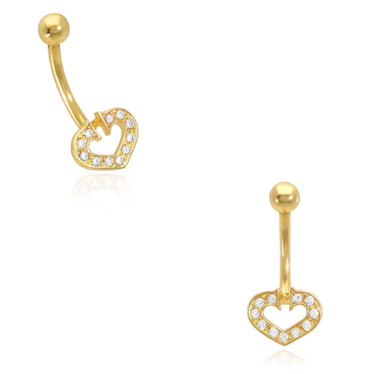 14K Real Gold White CZ Heart Horseshoe Belly Navel Ring