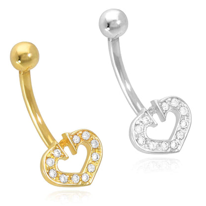 14K Real Gold White CZ Heart Horseshoe Belly Navel Ring