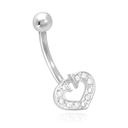 14K Real Gold White CZ Heart Horseshoe Belly Navel Ring