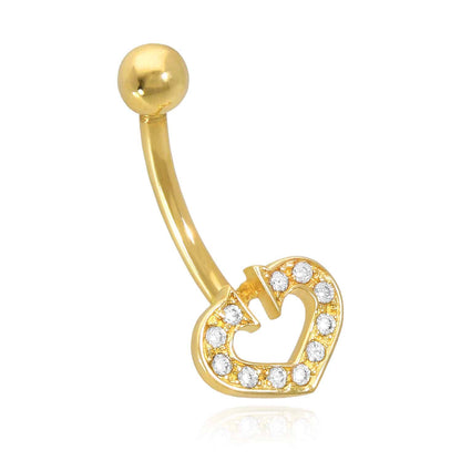 14K Real Gold White CZ Heart Horseshoe Belly Navel Ring