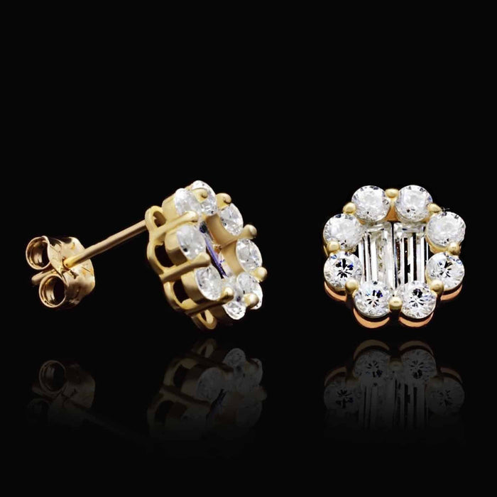 1Ct Round Baguette CZ 14K Yellow White Gold Halo Stud Earrings
