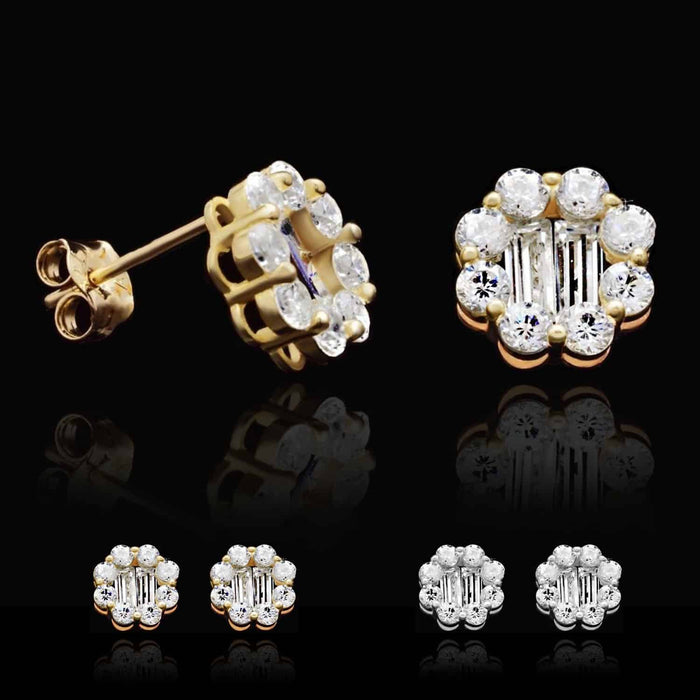 1Ct Round Baguette CZ 14K Yellow White Gold Halo Stud Earrings