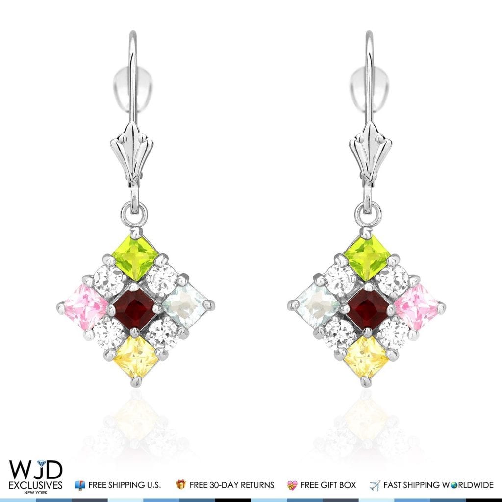 2.50CTW Multi-Color Simulated Gemstones 14K White Gold Dangle Drop Earrings