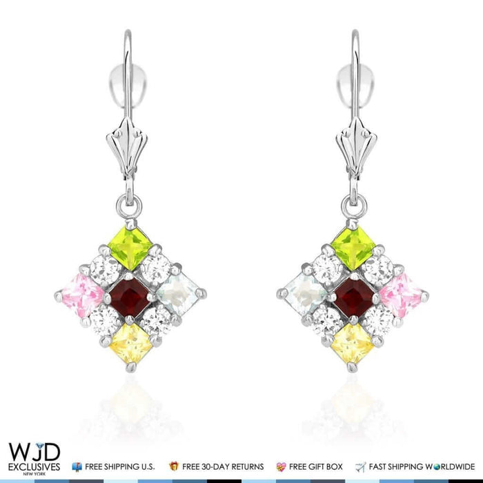 2.50CTW Multi-Color Gemstones 14K White Gold Dangle Drop Earrings