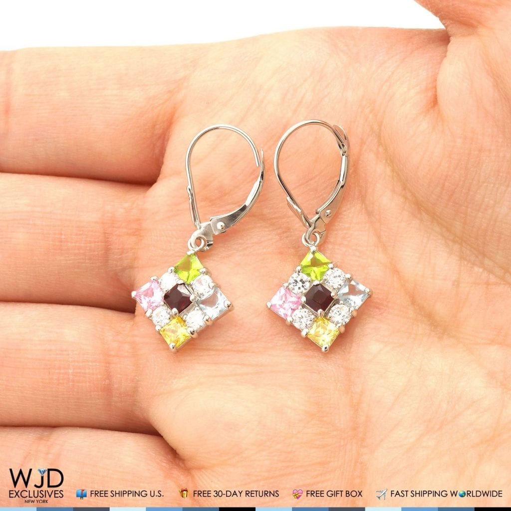2.50CTW Multi-Color Simulated Gemstones 14K White Gold Dangle Drop Earrings