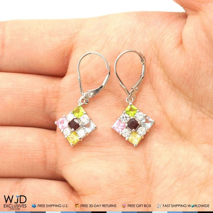 2.50CTW Multi-Color Simulated Gemstones 14K White Gold Dangle Drop Earrings