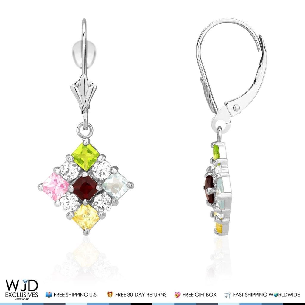 2.50CTW Multi-Color Simulated Gemstones 14K White Gold Dangle Drop Earrings