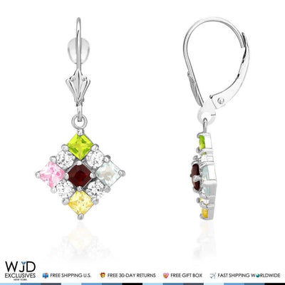 2.50CTW Multi-Color Gemstones 14K White Gold Dangle Drop Earrings
