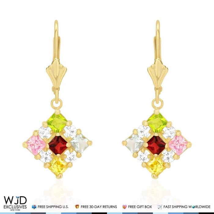 2.50CTW Multi-Color Gemstone 14K Yellow Gold Dangle Drop Earrings