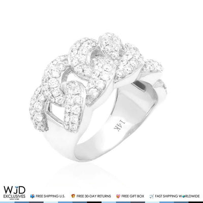 2.50Ct Natural Diamond 14K White Gold Miami Cuban Ring Size 9-12