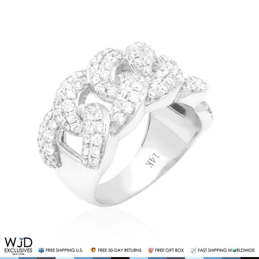 2.50Ct Real Diamond 14K Real Gold White Miami Cuban Ring Size 9-12