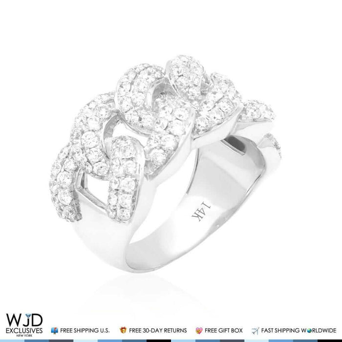 2.50Ct Natural Diamond 14K White Gold Miami Cuban Ring Size 9-12