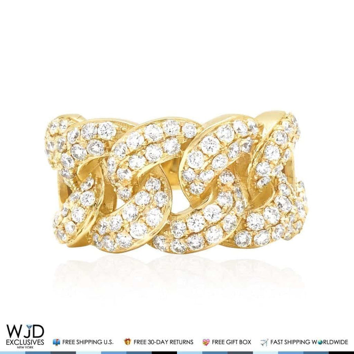 2.50Ct Natural Diamond 14K Yellow Gold Miami Cuban Band Ring Size 9-12