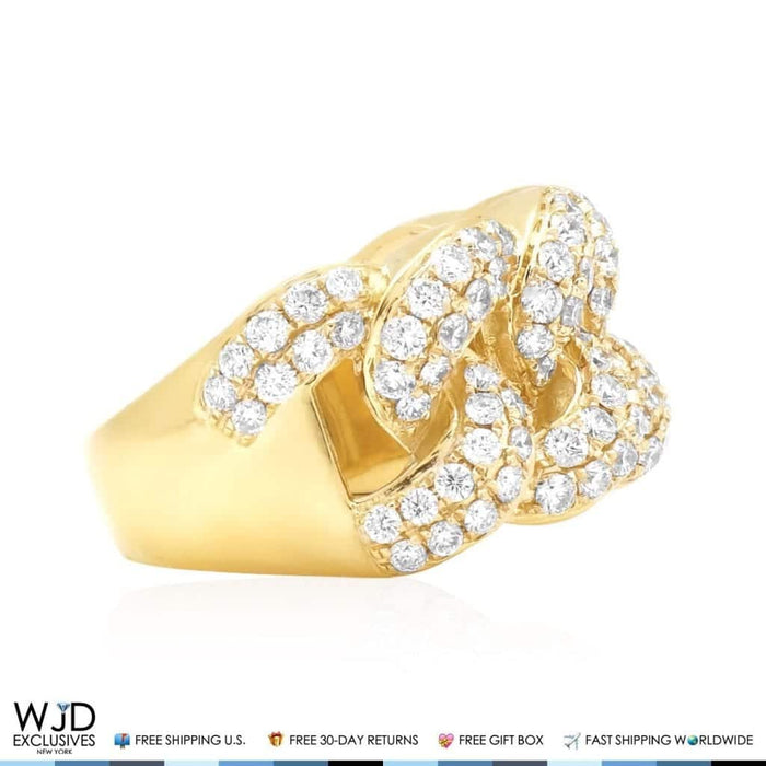 2.50Ct Natural Diamond 14K Yellow Gold Miami Cuban Band Ring Size 9-12