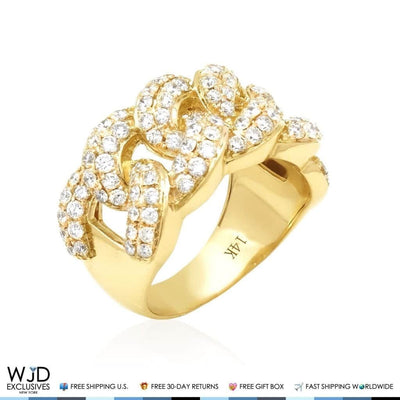 2.50Ct Natural Diamond 14K Yellow Gold Miami Cuban Band Ring Size 9-12