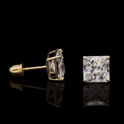 2.50CTW CZ Princes-Cut 14K Yellow Gold Screw Stud Earrings 6mm
