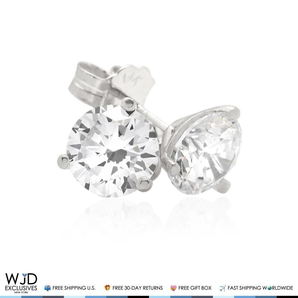 2.50Ct CZ Round 14K Solid White Gold Solitaire Stud Earrings 7mm