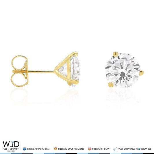2.50CTW CZ 14K Yellow Gold Round Solitaire Stud Earrings 7mm