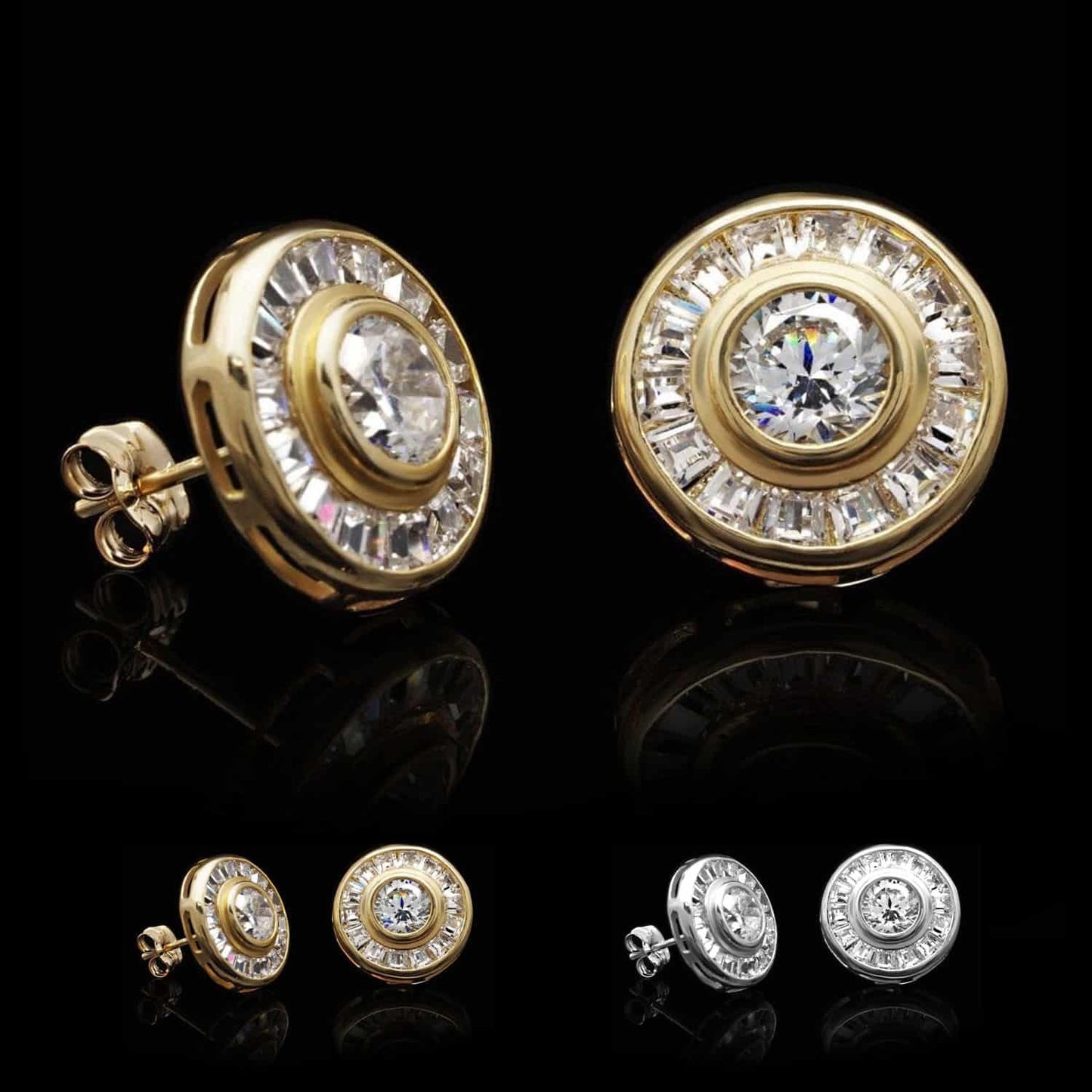 14K Real Gold White 2CTW Solitaire Baguette CZ Stud Earrings 12mm