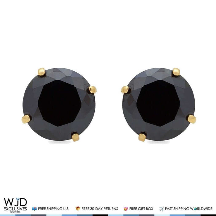 14K Yellow Gold 2.50Ct Simulated Black Diamond Round Screw Back Stud Earrings