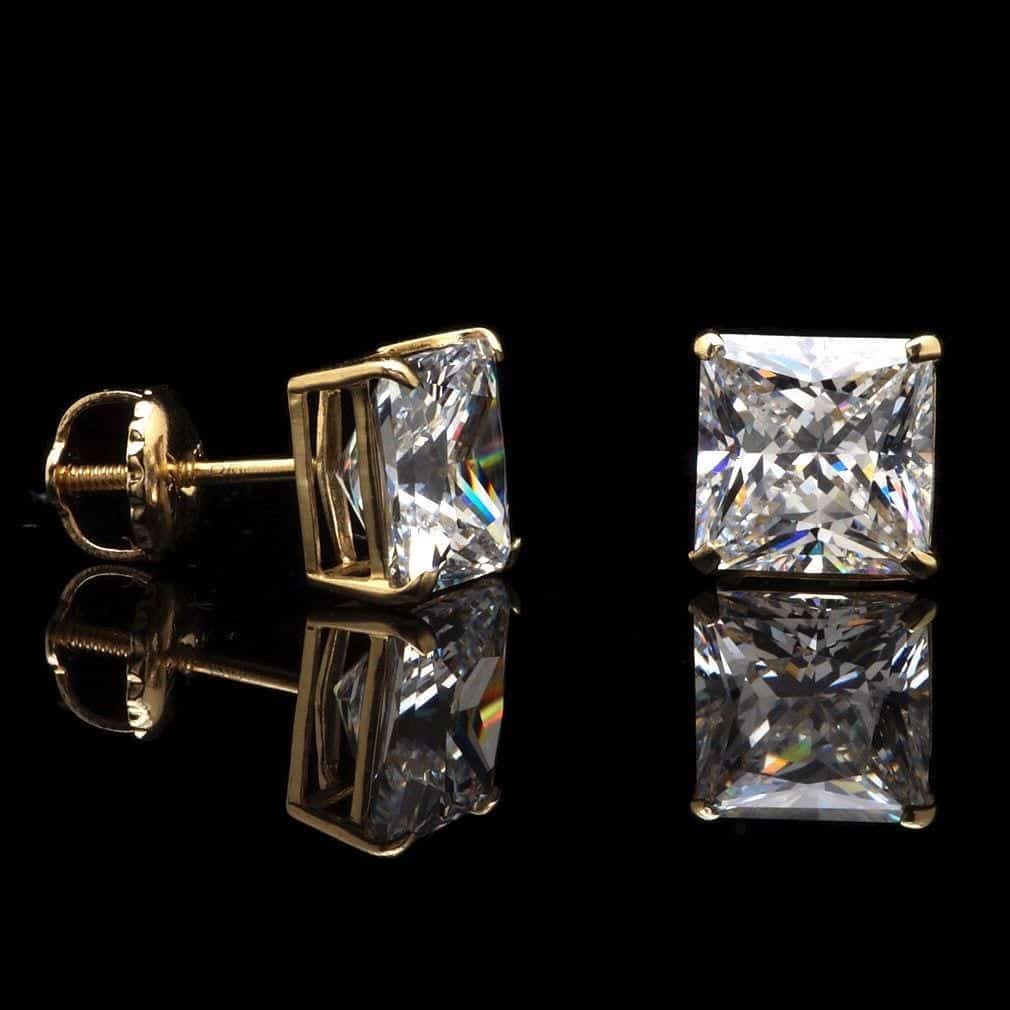 14K Yellow Gold 2.50Ct CZ Princess Screw Back Stud Earrings 7mm