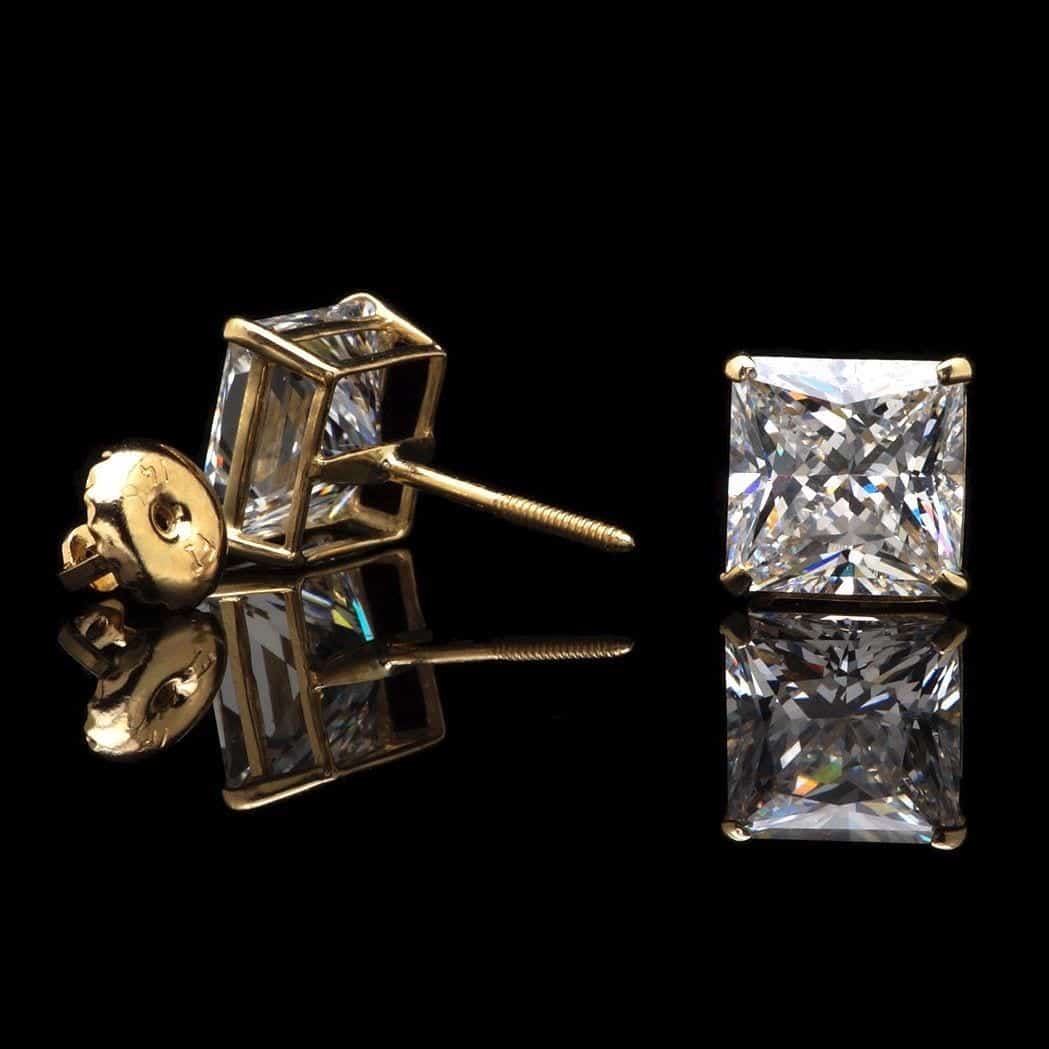 14K Yellow Gold 2.50Ct CZ Princess Screw Back Stud Earrings 7mm