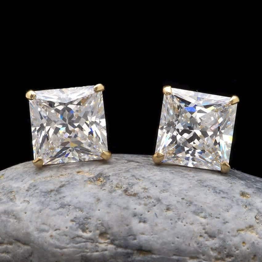14K Yellow Gold 2.50Ct CZ Princess Screw Back Stud Earrings 7mm