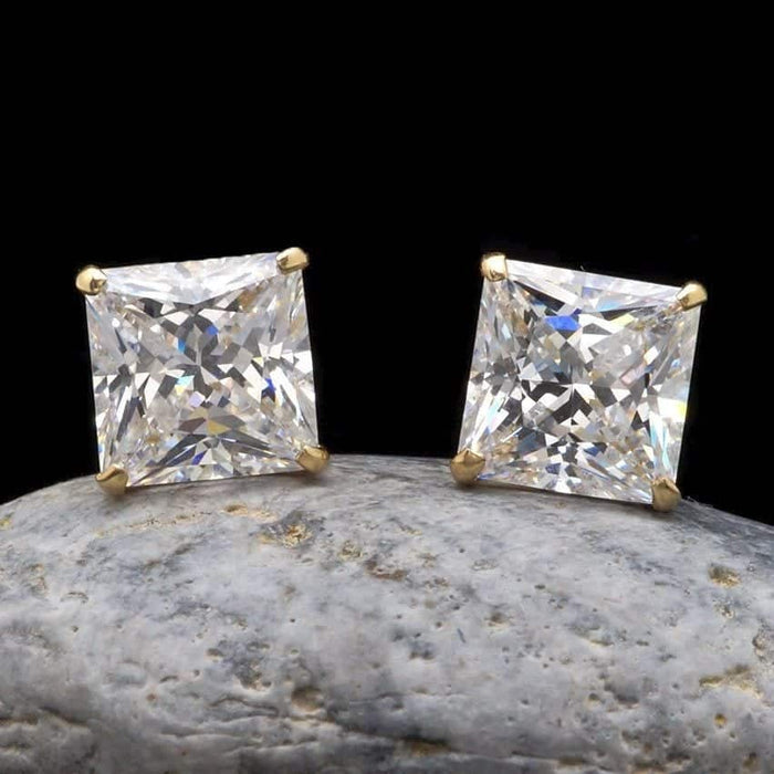 14K Yellow Gold 2.50Ct CZ Princess Screw Back Stud Earrings 7mm