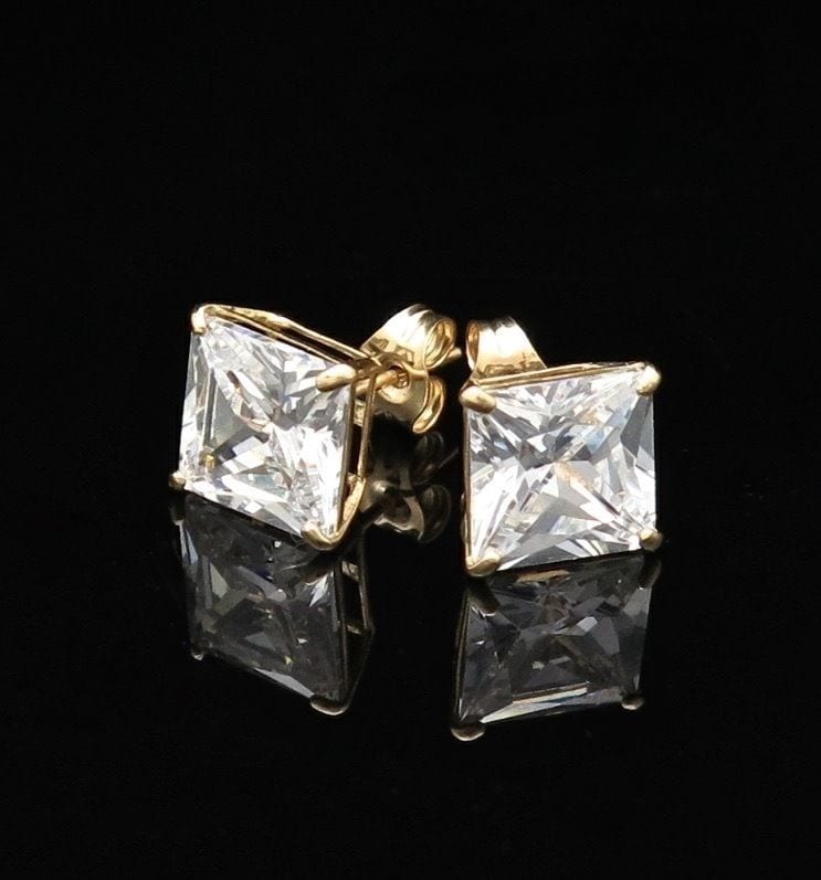 2.5Ct CZ Princess Cut 14K Yellow Gold Push Back Stud Earrings