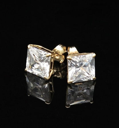 2.5Ct CZ Princess Cut 14K Yellow Gold Push Back Stud Earrings