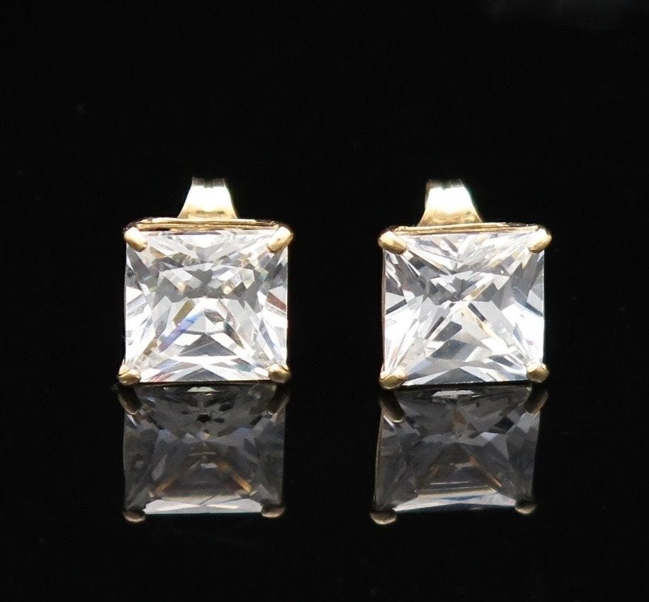 2.5Ct CZ Princess Cut 14K Yellow Gold Push Back Stud Earrings