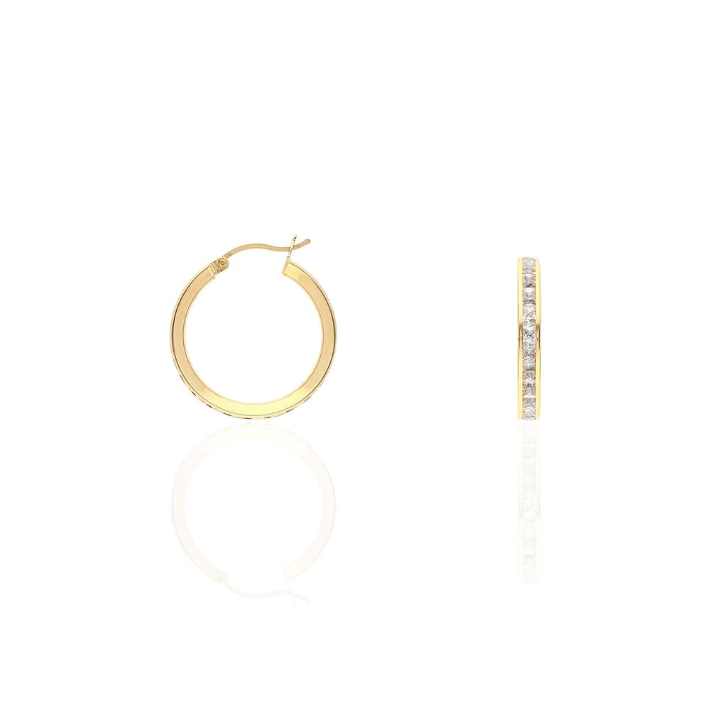 14K Yellow Gold Channel Set Princess Cut Cubic Zirconia Hoop Earrings 12mm-60mm