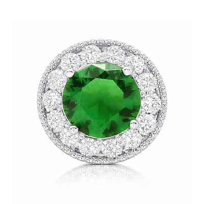 1.80Ct CZ & Emerald Round Halo Pendant 14K White Gold 9mm