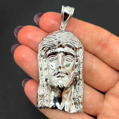 10K White Gold Diamond Cut Jesus Head Religious Charm Pendant 2.5"