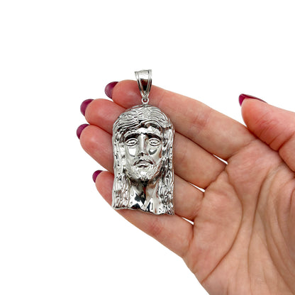 10K White Gold Diamond Cut Jesus Head Religious Charm Pendant 2.5"