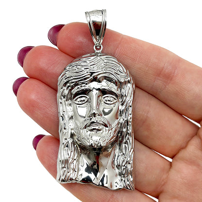 10K White Gold Diamond Cut Jesus Head Religious Charm Pendant 2.5"