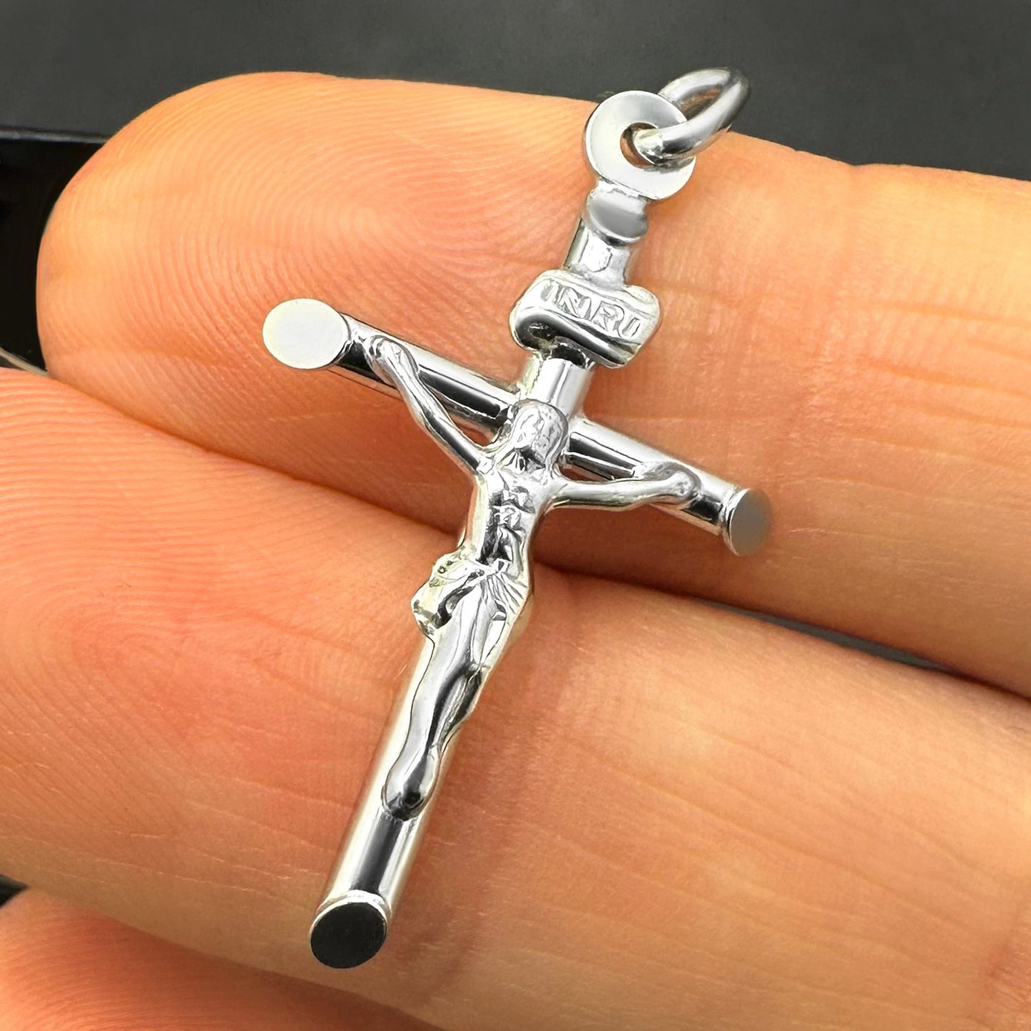14K Real Gold White Crucifix Cross Religious Charm Pendant INRI