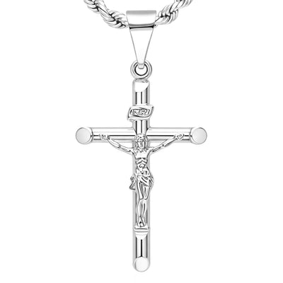14K White Gold Jesus Crucifix Cross Religious Pendant INRI 1.6"