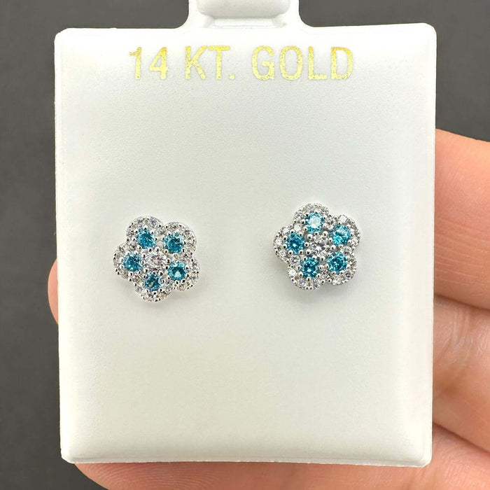 CZ & Blue Topaz Flower Shape Cluster Stud Earrings 14k White Gold
