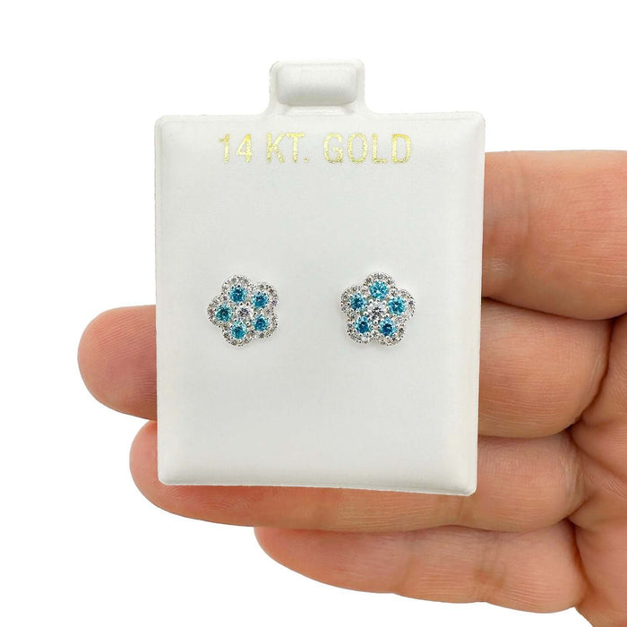 CZ & Blue Topaz Flower Shape Cluster Stud Earrings 14k White Gold