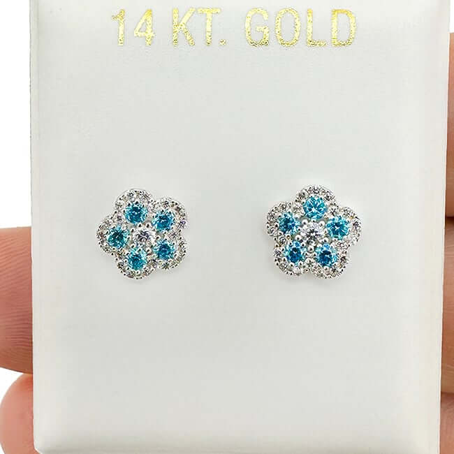 CZ & Blue Topaz Flower Shape Cluster Stud Earrings 14k White Gold