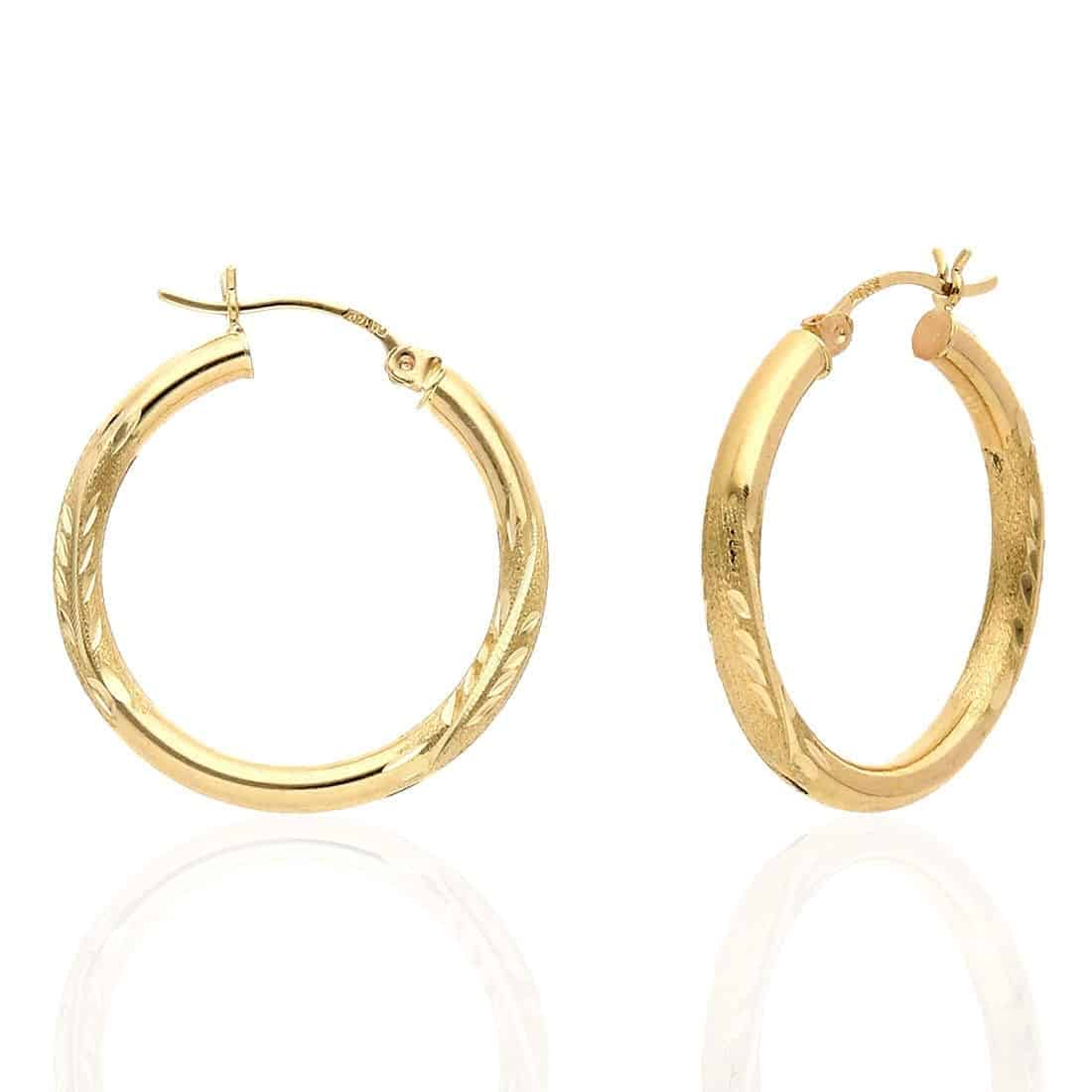 14K Solid Yellow & White Gold 3mm Diamond-Cut Finish Hoop Earrings 19-75mm