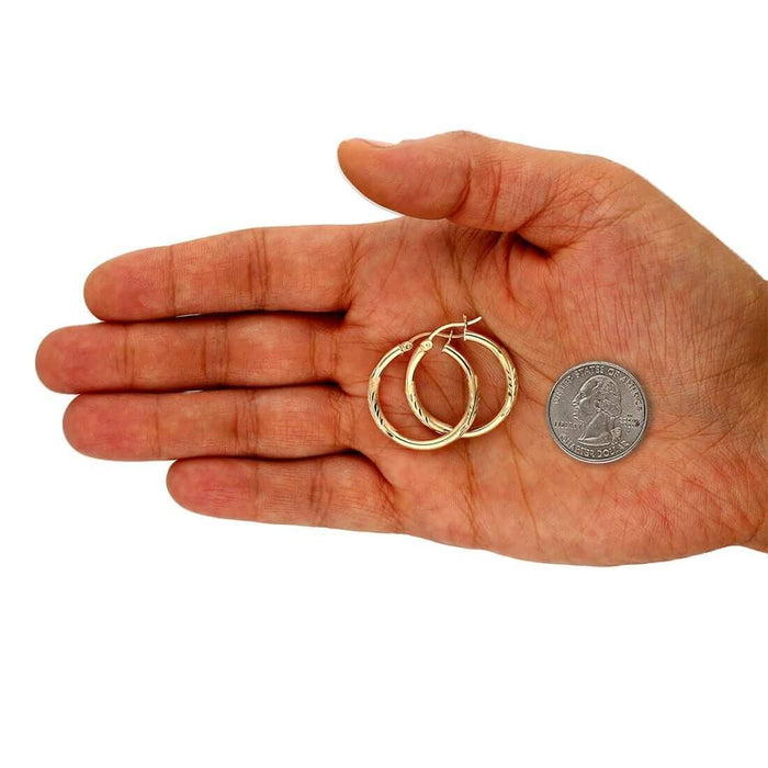 14K Solid Yellow & White Gold 3mm Diamond-Cut Finish Hoop Earrings 19-75mm