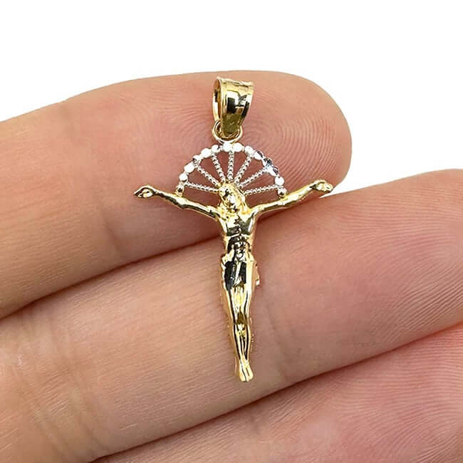 10K Gold Yellow White Diamond-Cut Jesus With Halo Crucifix Pendant 1.18"-1.77"